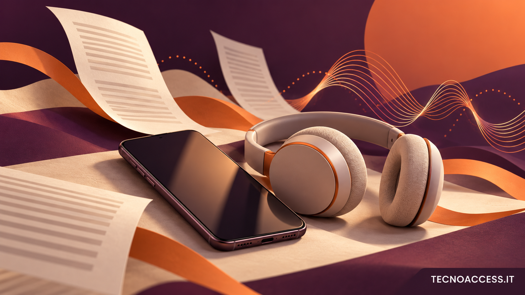 Illustrazione di uno smartphone, cuffie e fogli astratti, dedicata alla lettura delle notizie e all’ascolto dei podcast.