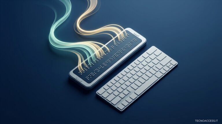 Illustrazione editoriale di un display braille collegato a una tastiera da computer, con punti tattili in evidenza. Scritta TECNOACCESS.IT.
