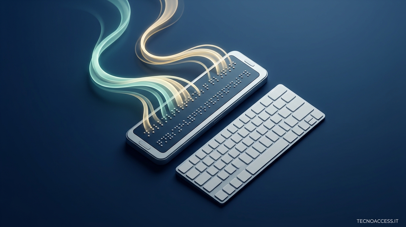 Illustrazione editoriale di un display braille collegato a una tastiera da computer, con punti tattili in evidenza. Scritta TECNOACCESS.IT.