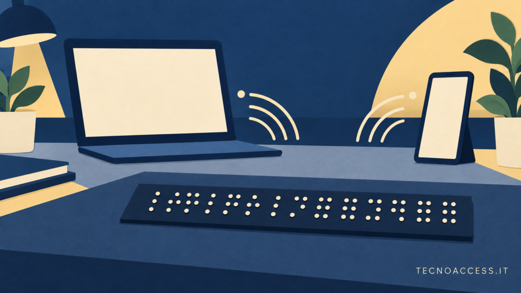 Illustrazione concettuale di una superficie tattile a punti collegata senza fili a un computer e a uno smartphone, dedicata alla modalità terminale Braille. Scritta TECNOACCESS.IT.