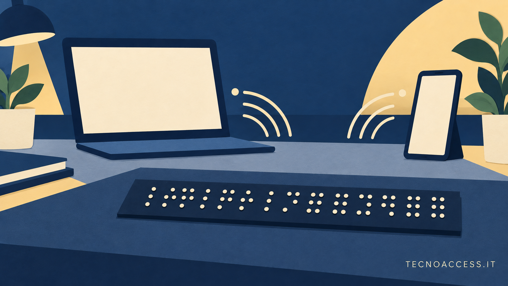 Illustrazione concettuale di una superficie tattile a punti collegata senza fili a un computer e a uno smartphone, dedicata alla modalità terminale Braille. Scritta TECNOACCESS.IT.