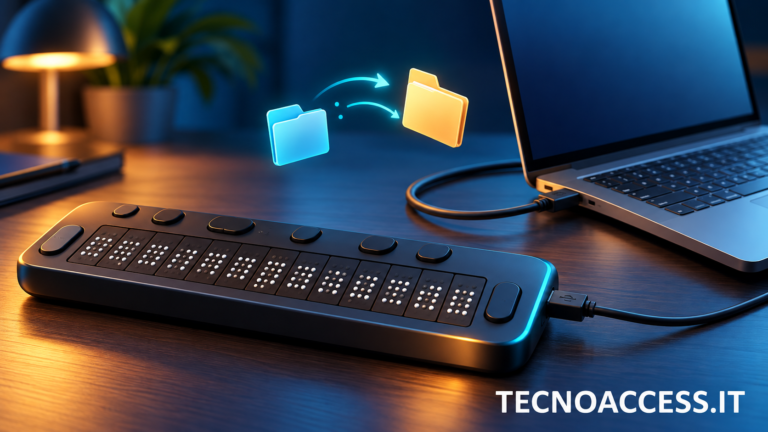Illustrazione concettuale di un display braille collegato a un computer per il trasferimento di documenti.