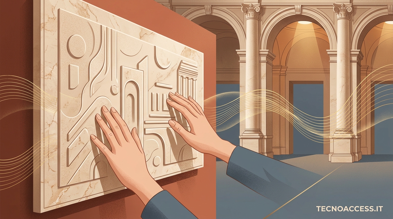 Illustrazione di un bassorilievo artistico esplorato al tatto tra arcate architettoniche romane, per la mostra accessibile su Catarsini. Scritta TECNOACCESS.IT.