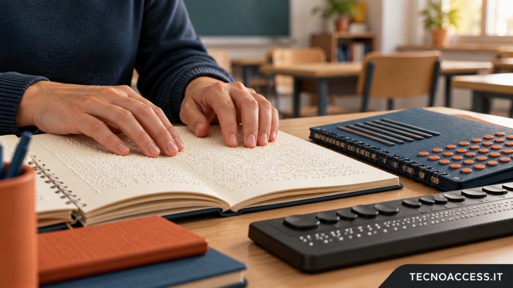 Illustrazione di materiali braille e strumenti didattici su una scrivania, dedicata alla formazione degli insegnanti.