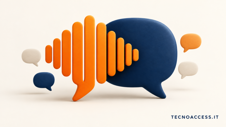 Illustrazione: una bolla arancione formata da onde audio incontra una bolla blu, circondate da bolle più piccole. In basso la scritta TECNOACCESS.IT.