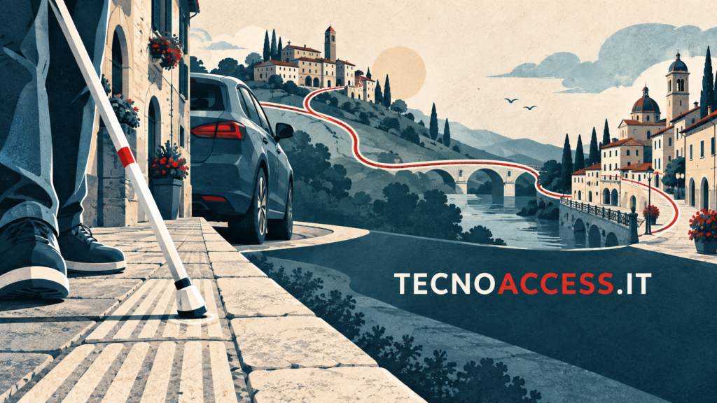 Illustrazione concettuale di città collegate da un percorso, con un’automobile e un bastone bianco, sul tema della mobilità delle persone non vedenti.