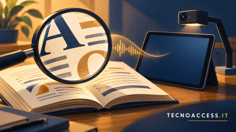 Illustrazione editoriale sul videoingrandimento: una lente ingrandisce una pagina accanto a un tablet e a una piccola videocamera, senza riprodurre Apollo.