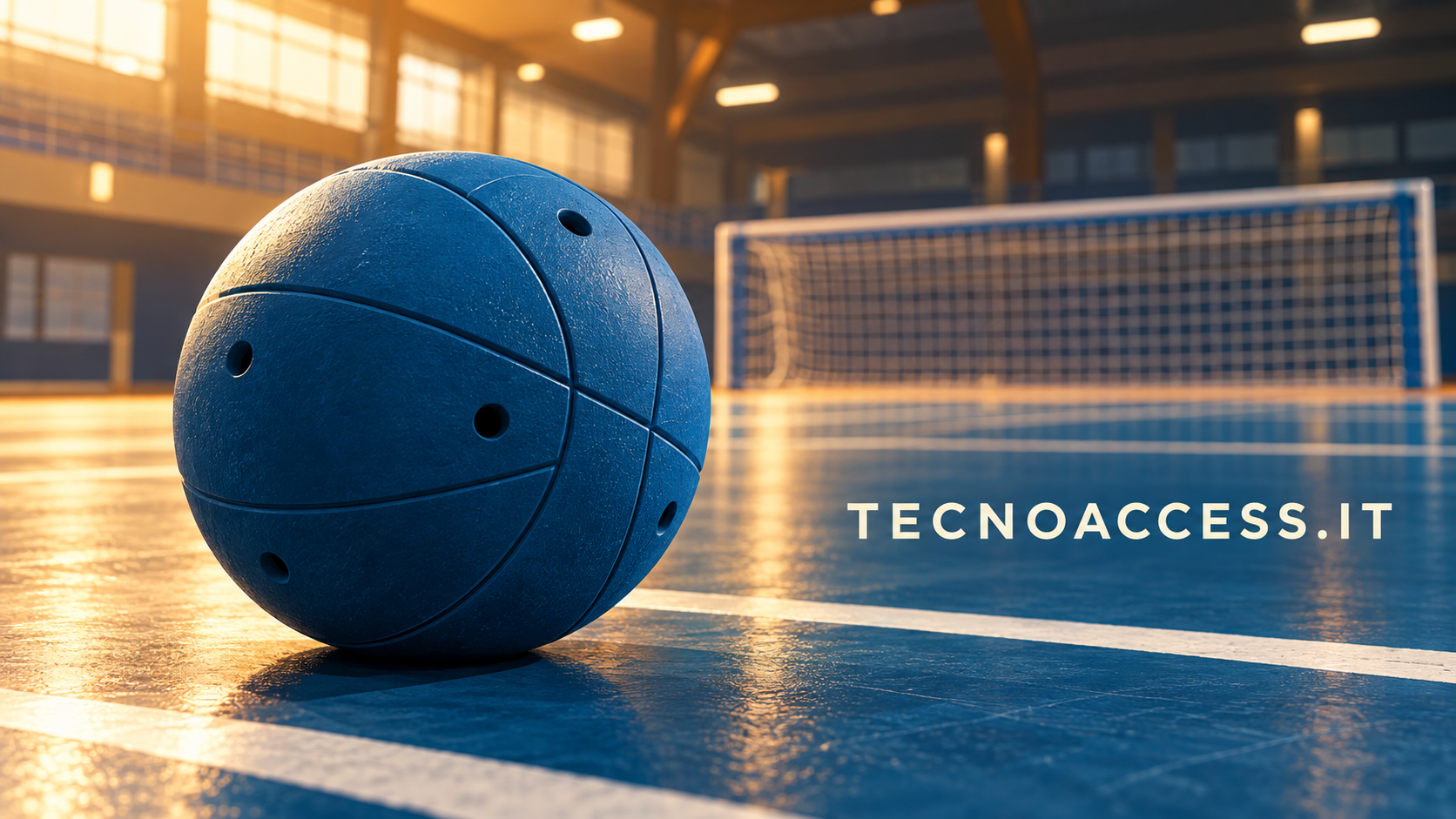 Illustrazione editoriale di un pallone da goalball su un campo sportivo coperto, con una porta sullo sfondo.