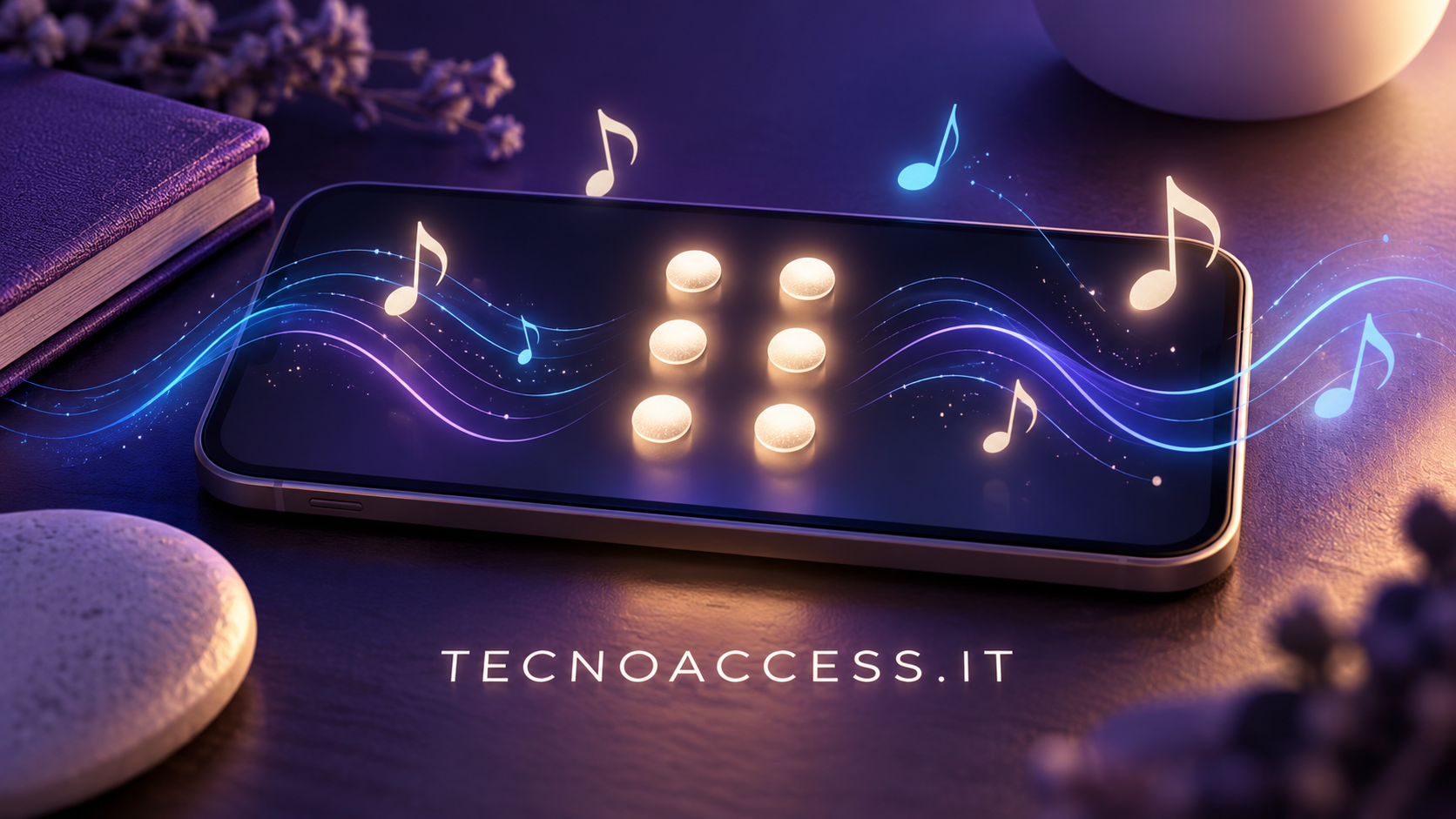Illustrazione editoriale di sei punti braille luminosi accanto a uno smartphone in orizzontale e a note musicali, richiamo agli esercizi di Six.