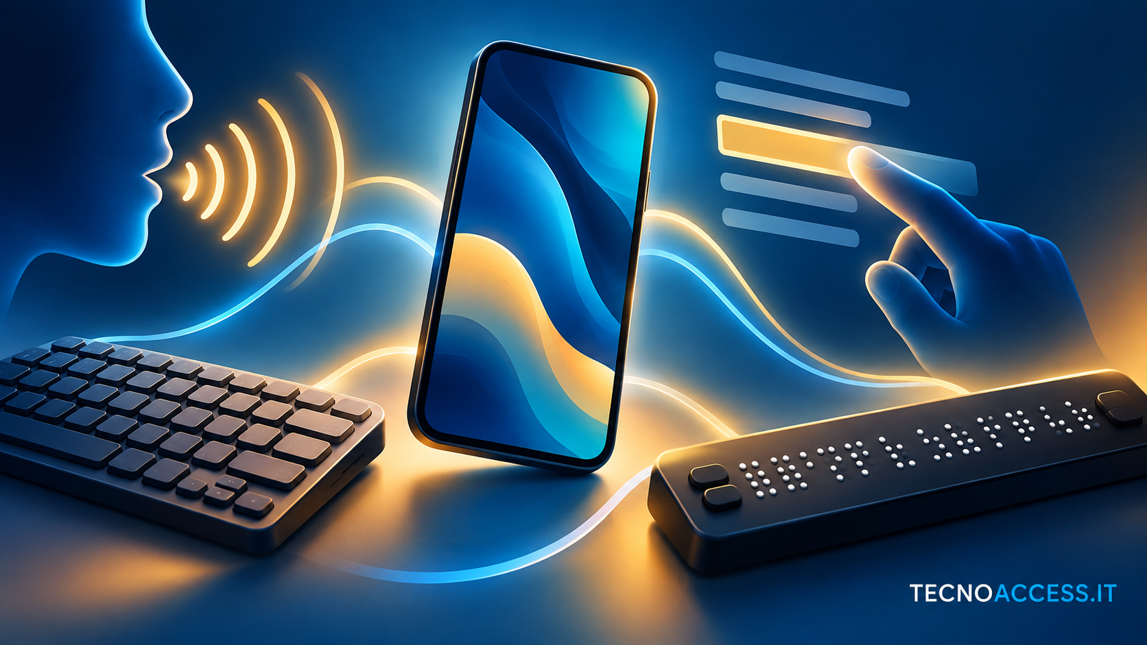 Illustrazione editoriale di uno smartphone, una tastiera e una barra braille, con onde sonore che richiamano uno screen reader.