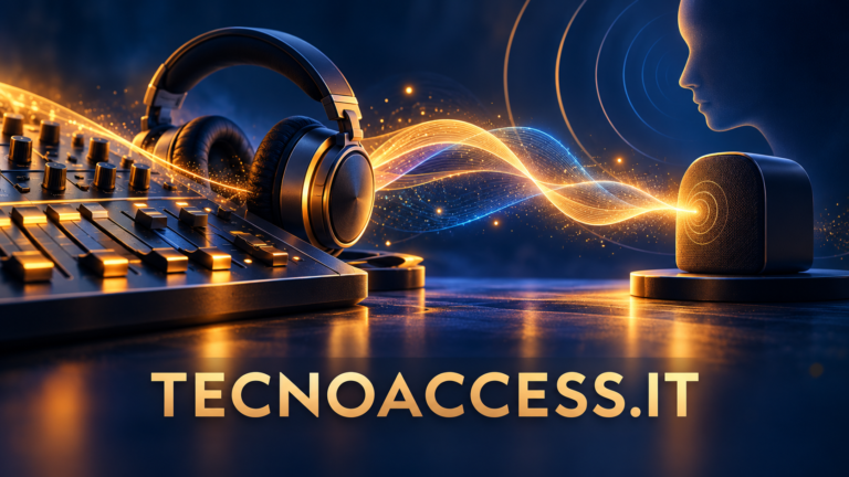 Illustrazione di cuffie e di una console audio stilizzata, con onde sonore dirette a un secondo dispositivo e scritta TECNOACCESS.IT.