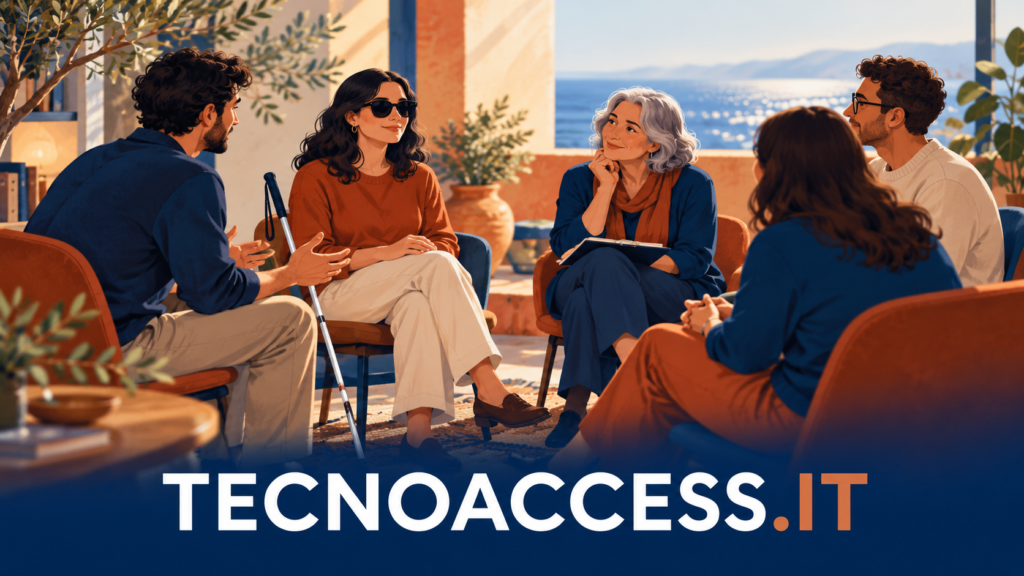 Illustrazione di adulti riuniti in cerchio per un incontro; accanto a una sedia è appoggiato un bastone bianco. In basso la scritta TECNOACCESS.IT.