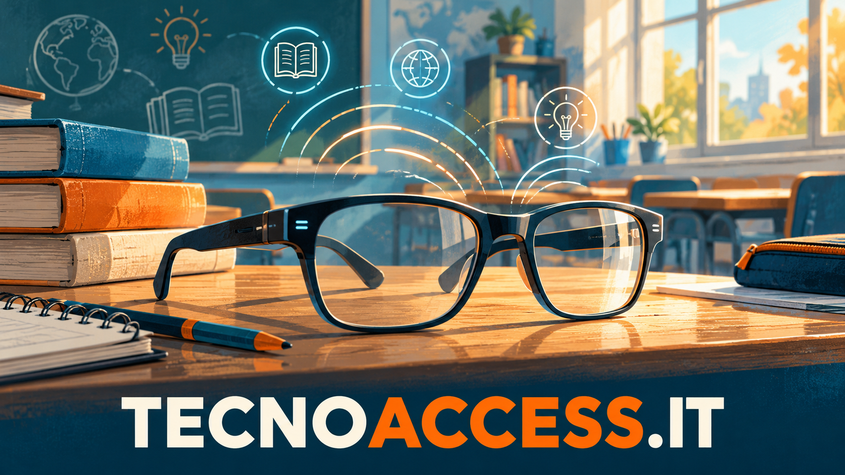 Illustrazione di occhiali generici su un banco scolastico, con libri e un’aula sullo sfondo e scritta TECNOACCESS.IT.
