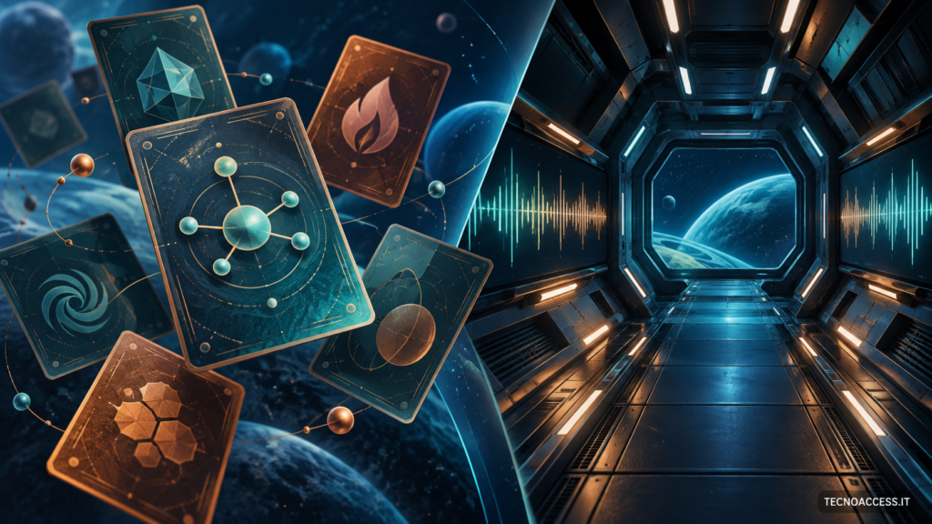 Illustrazione divisa fra carte da gioco astratte e un corridoio spaziale con onde sonore.