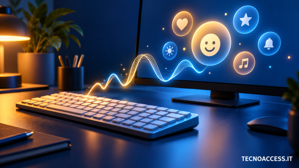 Illustrazione di una tastiera e di un monitor con simboli astratti collegati a un’onda sonora, per l’aggiornamento Emoticons di NVDA.