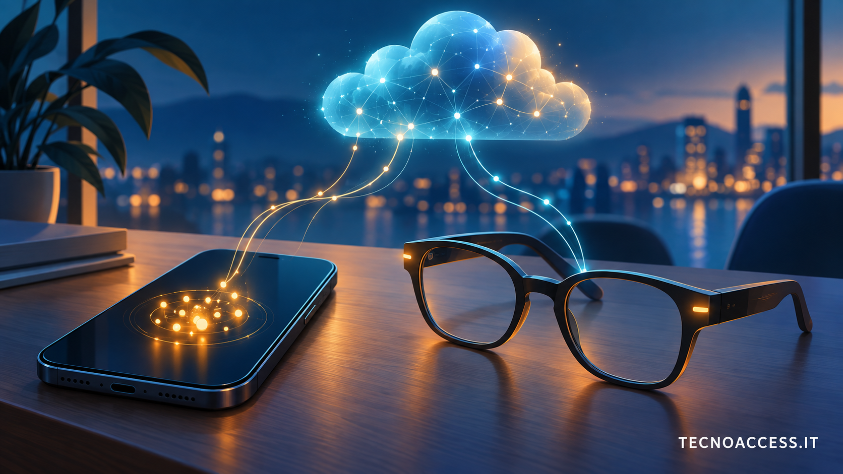 Illustrazione di uno smartphone e di occhiali generici collegati a una nuvola digitale; alcune luci restano sul telefono. Scritta TECNOACCESS.IT.