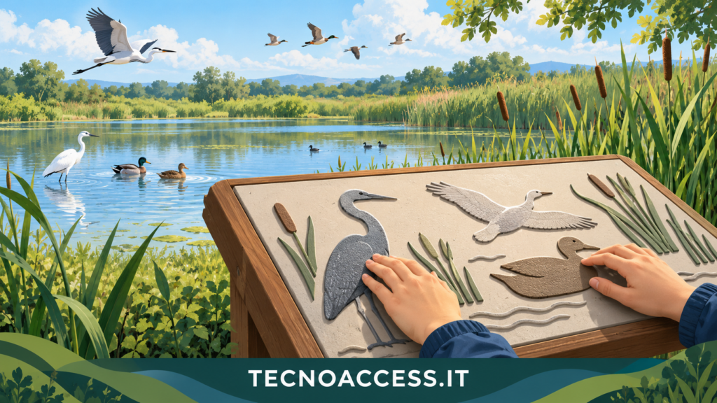 Illustrazione di un ambiente umido e dell’esplorazione di un pannello tattile; non raffigura l’allestimento reale di Gabbianello.