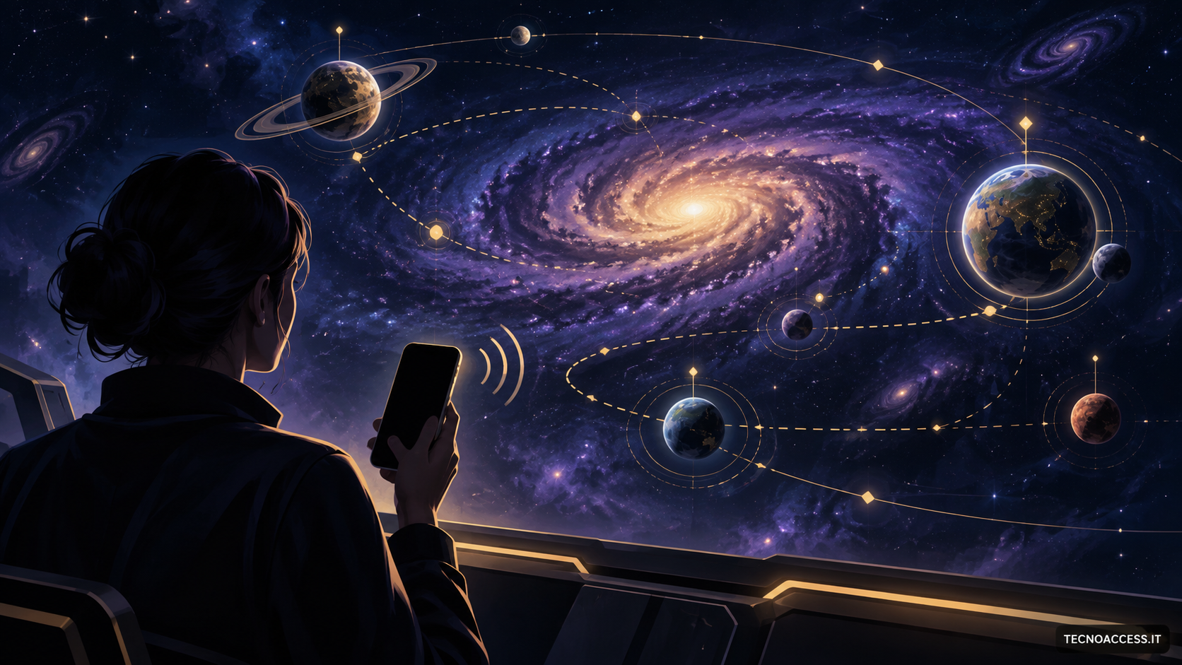 Illustrazione di una persona con uno smartphone davanti a una galassia e a una mappa spaziale.