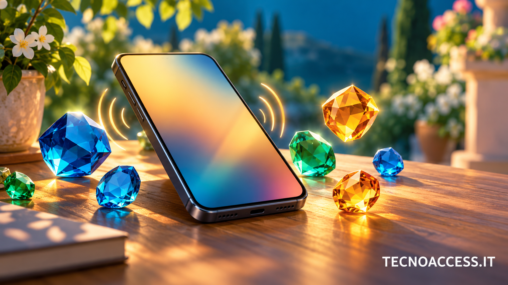 Illustrazione simbolica di uno smartphone circondato da gemme colorate e onde sonore, senza schermata del gioco.