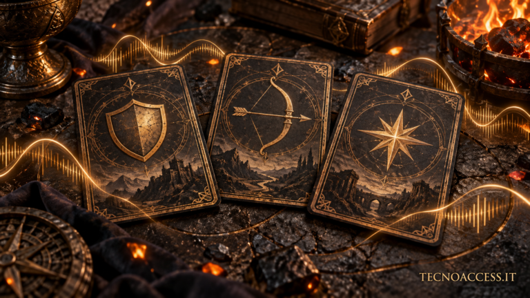 Illustrazione concettuale di tre carte fantasy con scudo, arco e stella, circondate da onde sonore e braci. Scritta TECNOACCESS.IT.