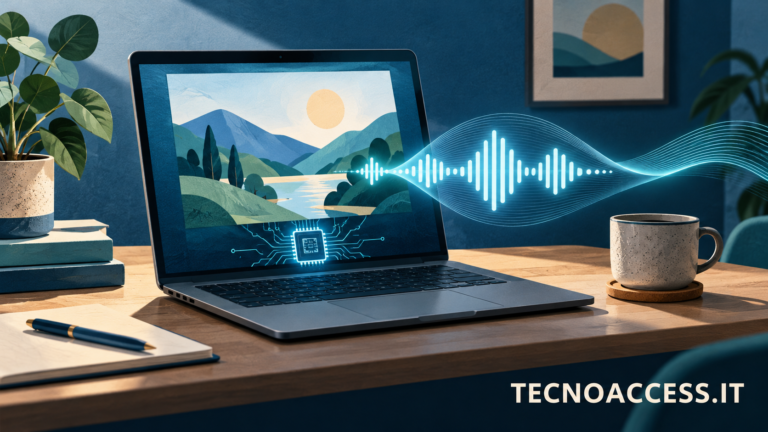 Illustrazione di un computer che trasforma un’immagine in un’onda sonora, con un motivo che richiama l’elaborazione locale. Scritta TECNOACCESS.IT.