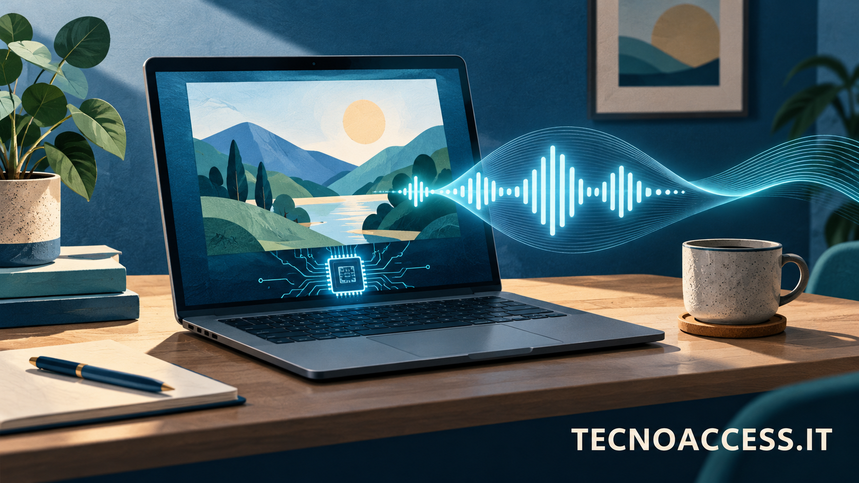 Illustrazione di un computer che trasforma un’immagine in un’onda sonora, con un motivo che richiama l’elaborazione locale. Scritta TECNOACCESS.IT.
