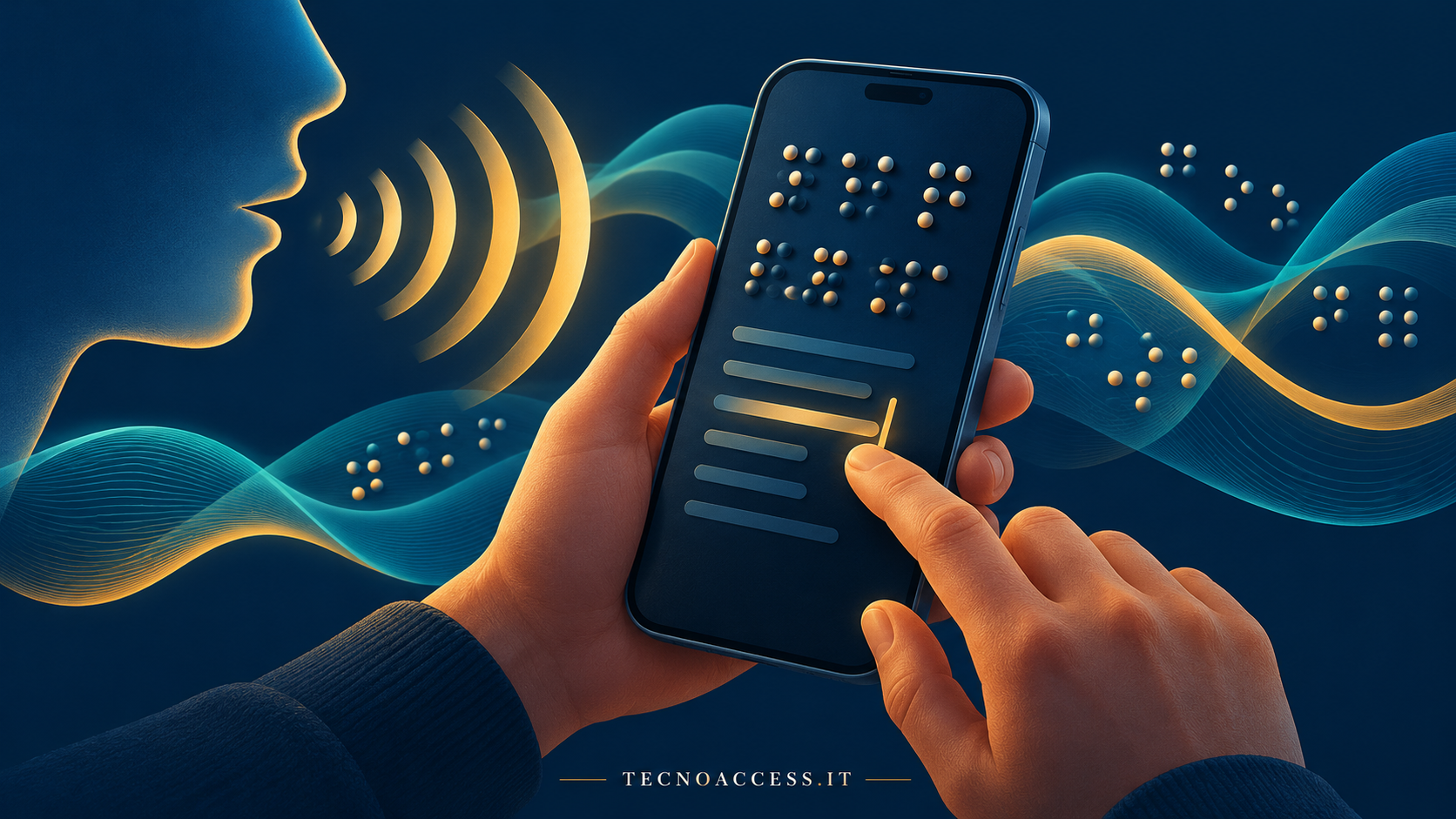 Illustrazione di uno smartphone generico con onde sonore e punti tattili, dedicata agli aggiornamenti di VoiceOver.