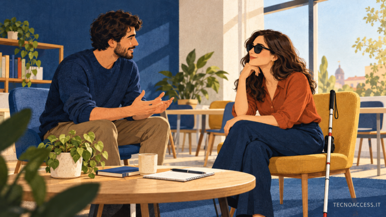 Illustrazione editoriale di due persone adulte che conversano sedute; un bastone bianco è appoggiato accanto a una sedia.
