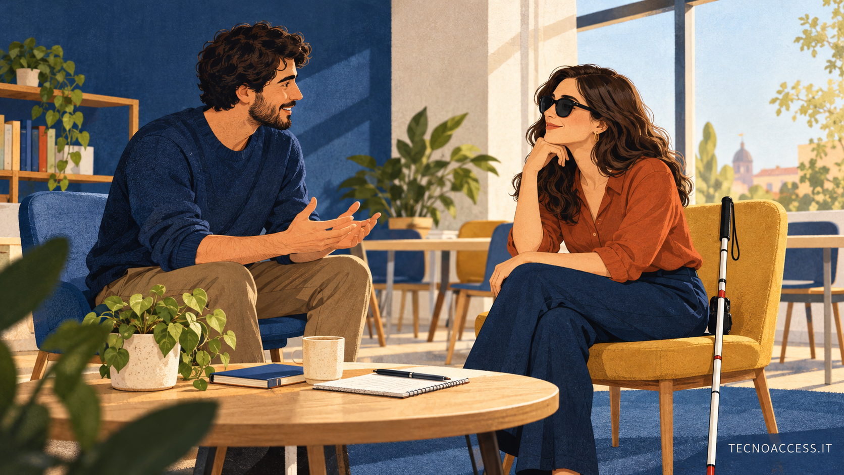 Illustrazione editoriale di due persone adulte che conversano sedute; un bastone bianco è appoggiato accanto a una sedia.