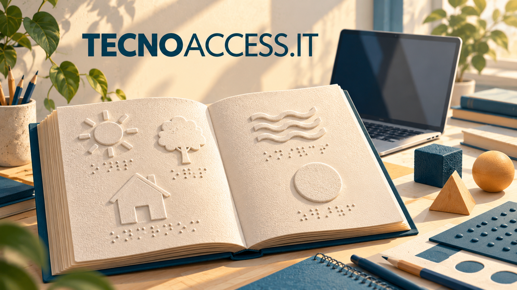 Illustrazione di un libro tattile aperto accanto a un computer, sul tema della formazione scolastica per alunni ciechi e ipovedenti.