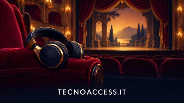 Illustrazione editoriale: cuffie audio su una poltrona davanti a un palcoscenico, per un articolo sull’opera con audiodescrizione.
