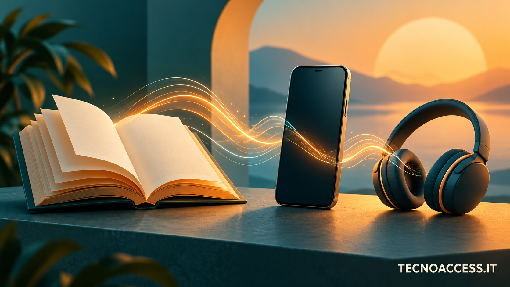 Illustrazione di un telefono, un libro aperto e cuffie collegati da onde sonore, per la lettura in audio offline. Scritta TECNOACCESS.IT.