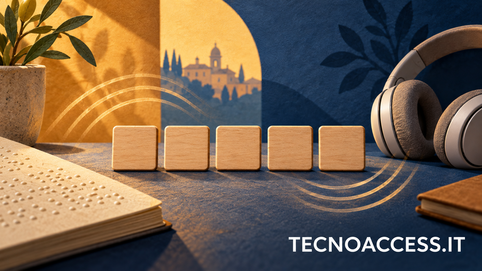 Illustrazione editoriale di tessere da gioco e onde sonore, dedicata ai giochi di parole accessibili; scritta TECNOACCESS.IT.