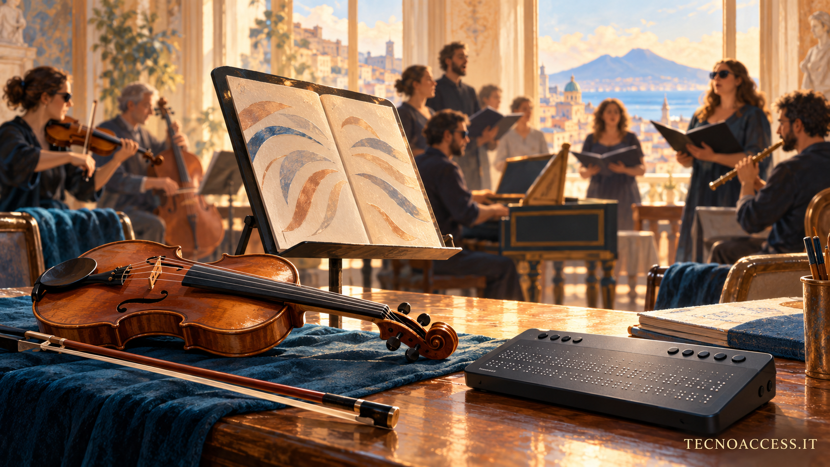 Illustrazione di violino e ausilio braille generico davanti a un ensemble e un coro in sala prove; scena simbolica.