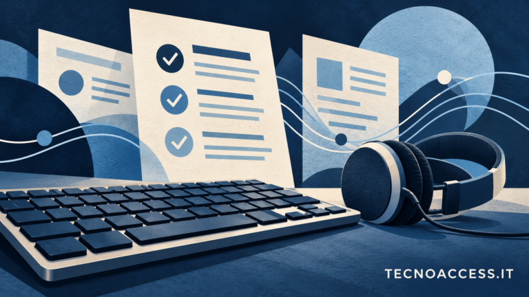 Illustrazione di una tastiera e cuffie accanto a fogli con segni di verifica, dedicata ai test di accessibilità con screen reader. Scritta TECNOACCESS.IT.