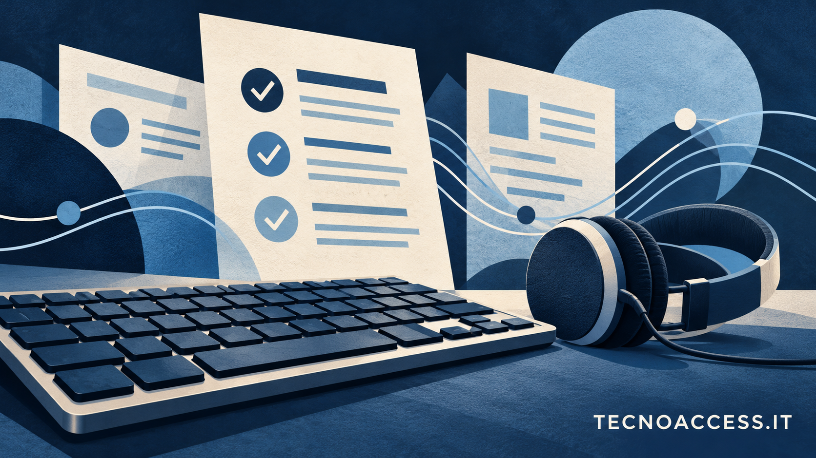 Illustrazione di una tastiera e cuffie accanto a fogli con segni di verifica, dedicata ai test di accessibilità con screen reader. Scritta TECNOACCESS.IT.