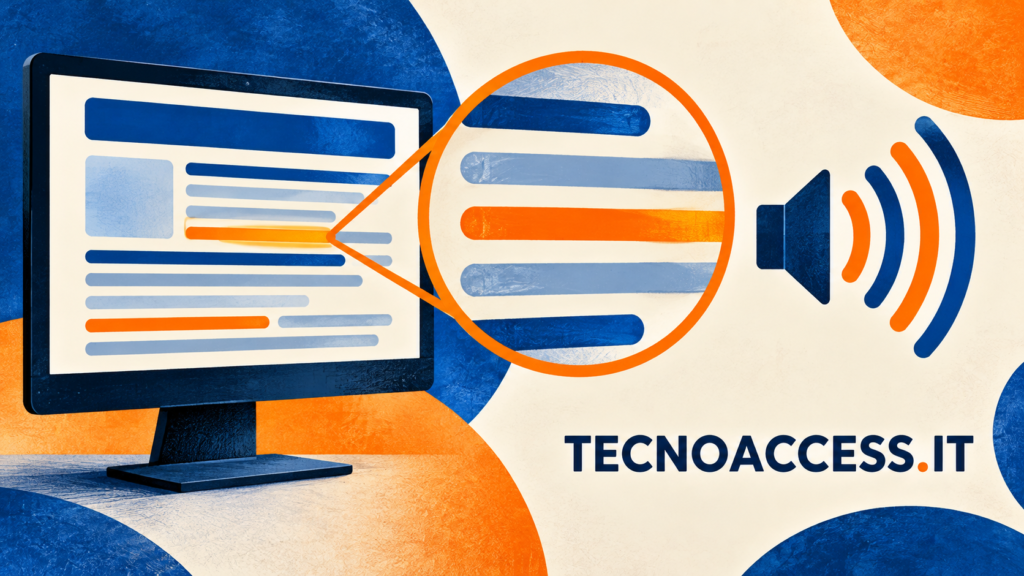 Illustrazione concettuale di ingrandimento dello schermo e lettura vocale, dedicata alla guida NV Access per ipovedenti.