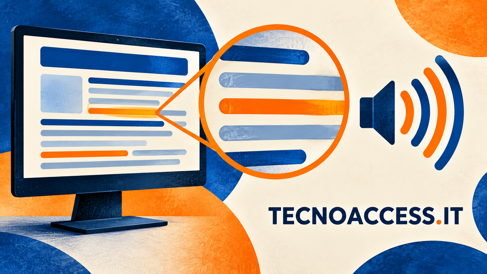 Illustrazione concettuale di ingrandimento dello schermo e lettura vocale, dedicata alla guida NV Access per ipovedenti.