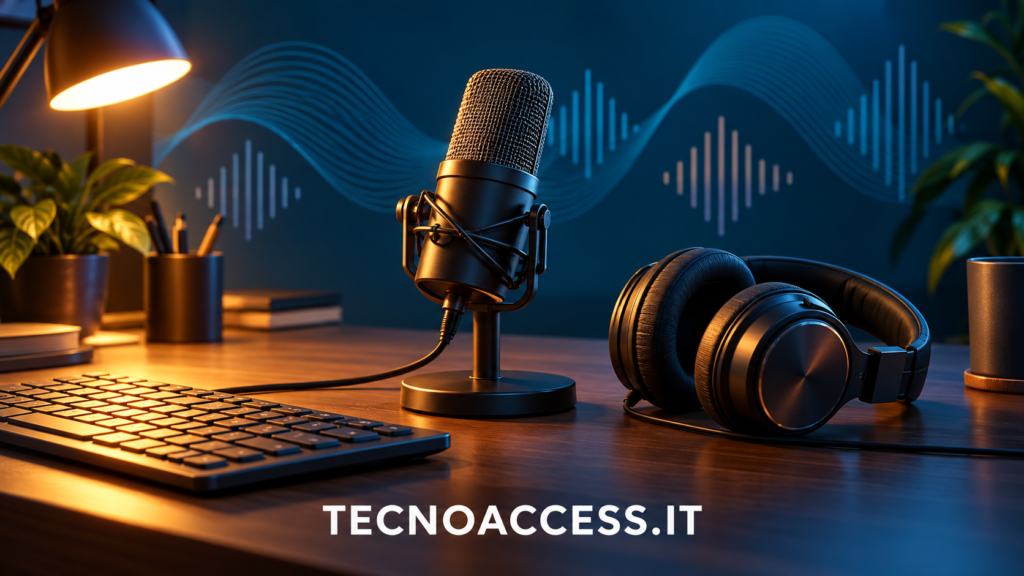 Illustrazione editoriale di una postazione per podcast, con microfono, cuffie e tastiera. Scritta TECNOACCESS.IT.