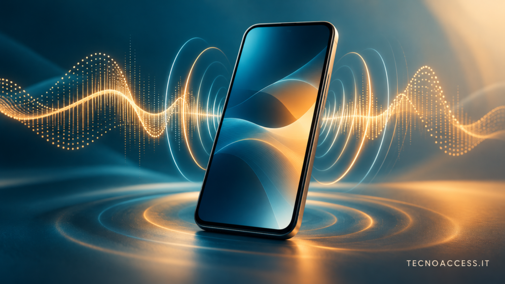 Illustrazione editoriale di uno smartphone generico circondato da onde sonore blu e dorate.