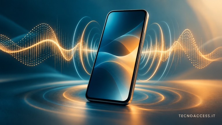 Illustrazione editoriale di uno smartphone generico circondato da onde sonore blu e dorate.