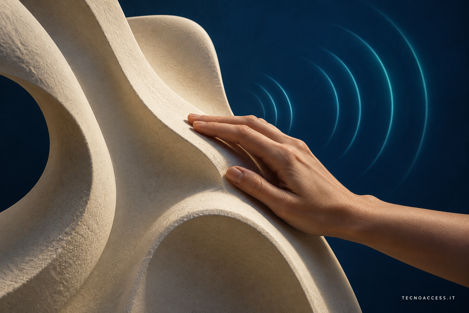 Illustrazione simbolica: una mano esplora una superficie scolpita chiara, con onde sonore su fondo blu.