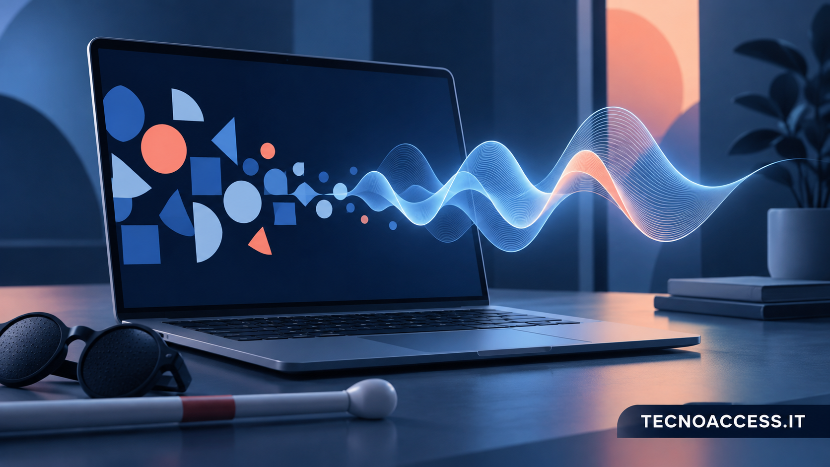 Illustrazione di un computer con forme astratte e onde sonore, per la descrizione vocale delle immagini.