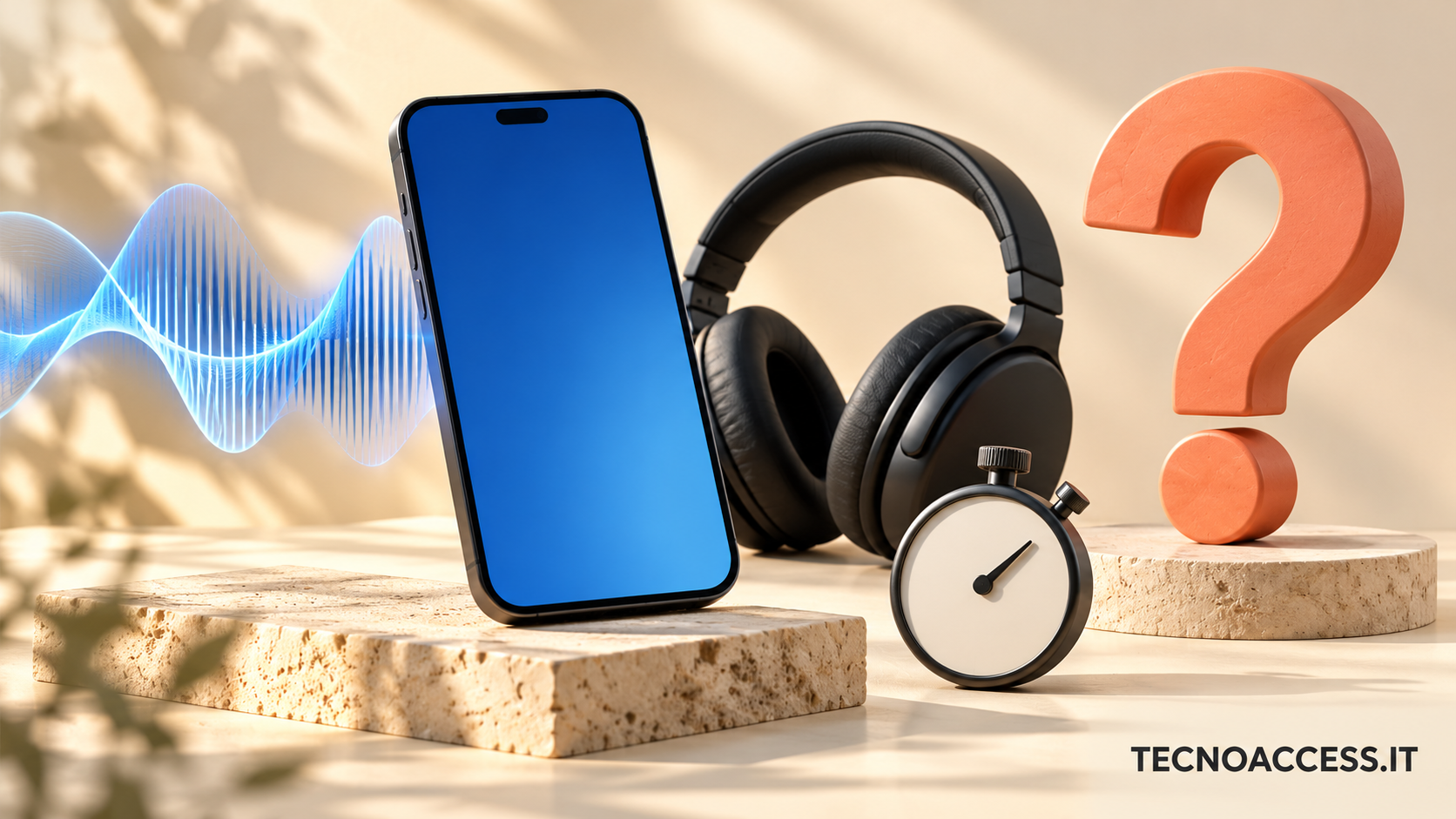 Illustrazione di smartphone, cuffie, punto interrogativo e cronometro, dedicata all’aggiornamento VoiceOver del gioco Quiz King.