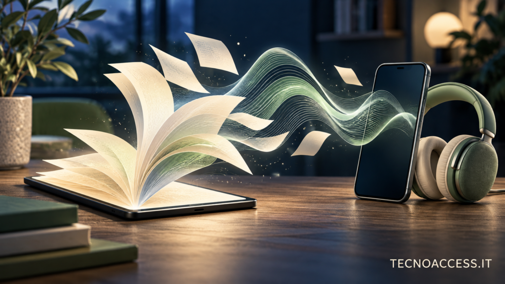 Illustrazione editoriale di pagine che si trasformano in onde sonore tra un tablet, uno smartphone e un paio di cuffie.