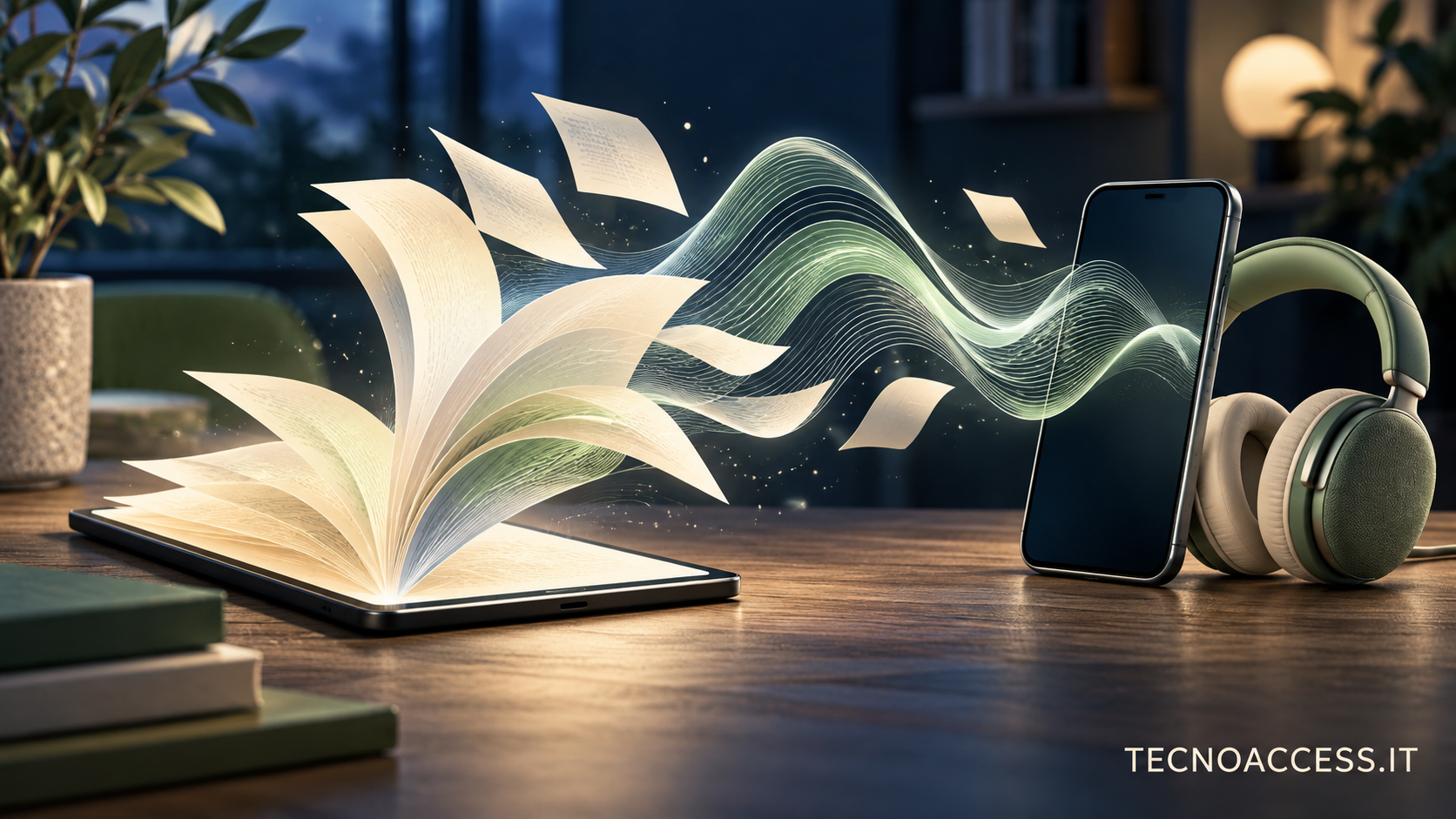 Illustrazione editoriale di pagine che si trasformano in onde sonore tra un tablet, uno smartphone e un paio di cuffie.