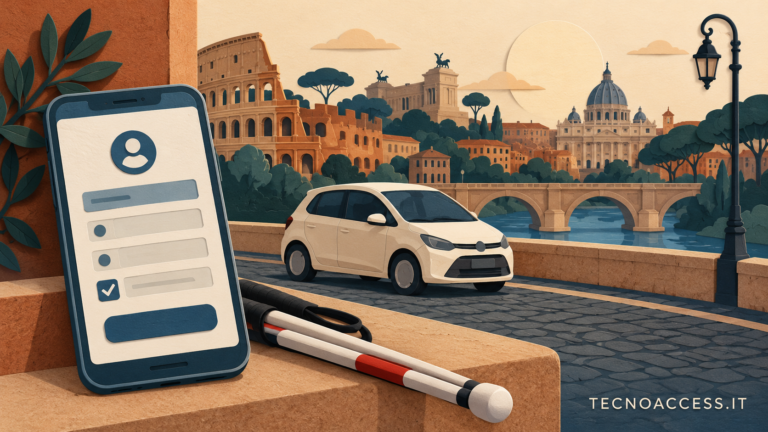 Illustrazione con un'automobile, un modulo digitale astratto e un bastone bianco ripiegato davanti a un panorama stilizzato di Roma. Scritta TECNOACCESS.IT.