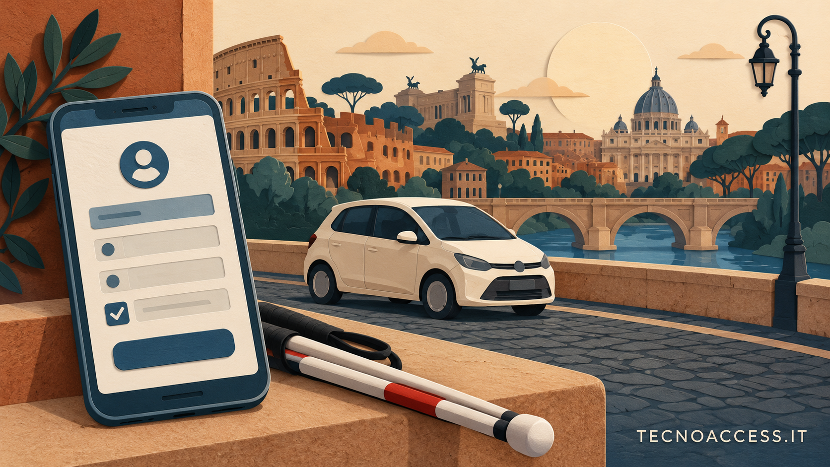 Illustrazione con un'automobile, un modulo digitale astratto e un bastone bianco ripiegato davanti a un panorama stilizzato di Roma. Scritta TECNOACCESS.IT.