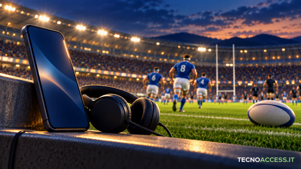 Illustrazione di smartphone, cuffie e pallone ovale davanti a uno stadio di rugby.