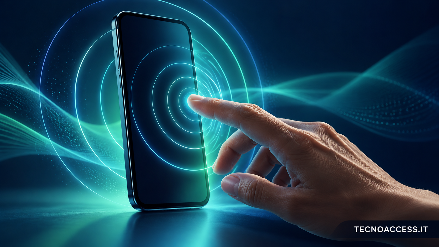 Illustrazione di una mano su uno smartphone circondato da onde sonore, dedicata allo screen reader SandFly.